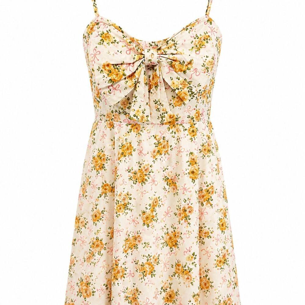 Lala creative co Yellow & pink floral mini dress with bow detail